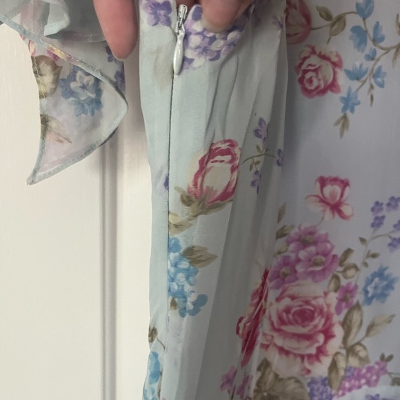 Mary McFadden floral print long midi blue ruffle sleeve  dress size 12 - Picture 7 of 7